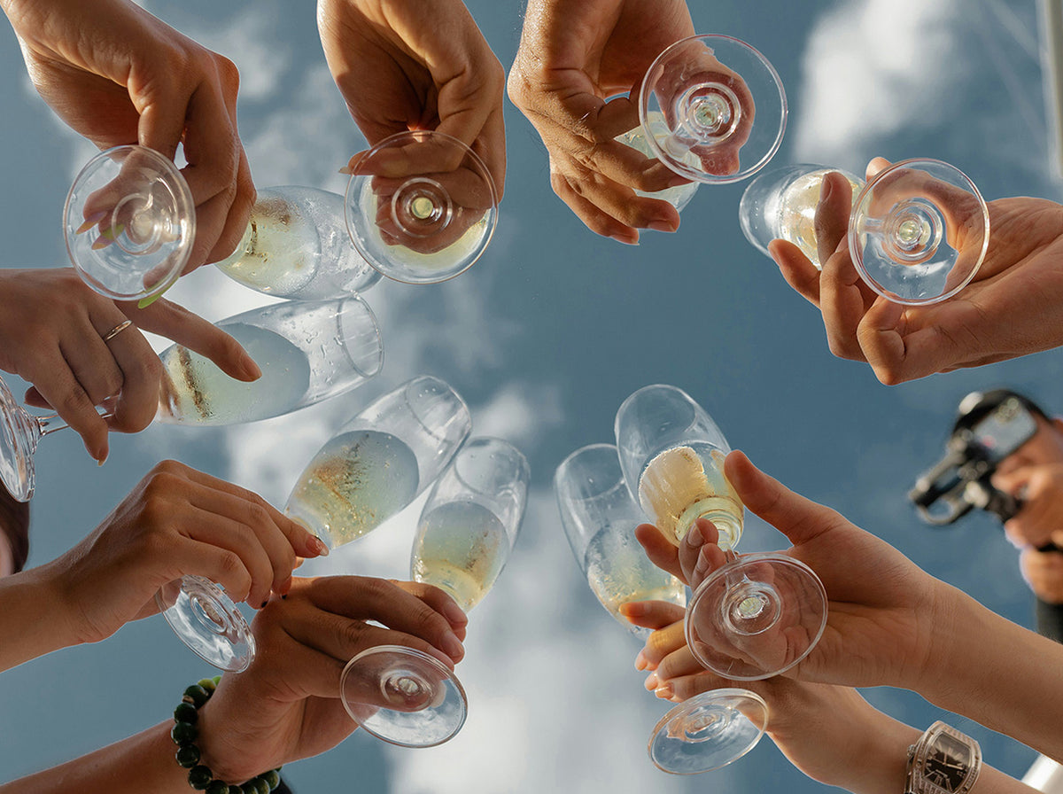 worm's eye view of group of people holding white wine glasses and performing a toast