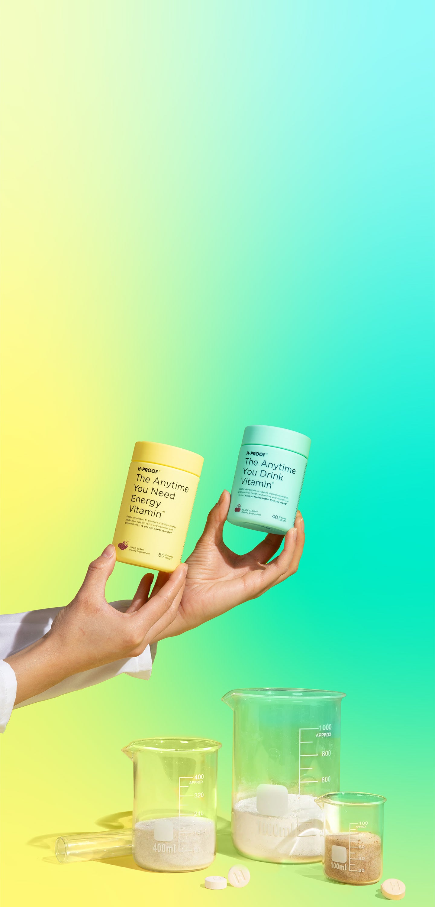 Doctor holding H-Proof vitamins above supplement ingredients in beakers and test tubes